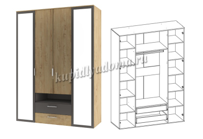 Шкаф Бруно 4-х дверный с ящиками (Дуб Вотан/Серый Графит)